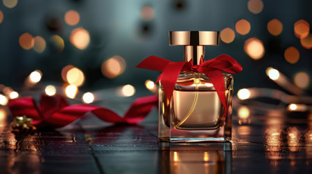 A stunning perfume bottle adorned with a red ribbon, set against a backdrop of warm bokeh lights. This image captures elegance and luxury. Perfect for holiday themes.の素材