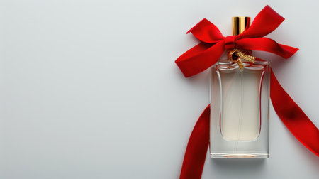A stunning perfume bottle adorned with a bright red bow and ribbon set against a minimalist background, perfect for luxury gifts and elegant occasions.の素材