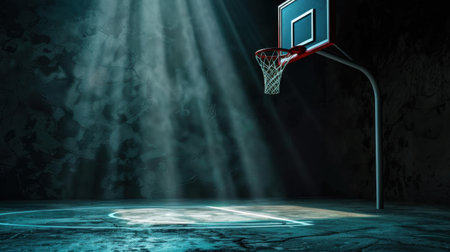 A captivating image of an empty basketball court illuminated by dramatic beams of light. The contrasting shadows create a serene atmosphere for sports enthusiasts.の素材