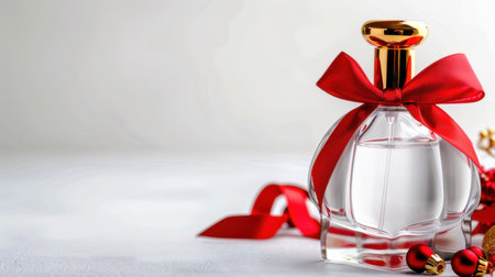 This image captures an elegant perfume bottle tied with a vibrant red ribbon, surrounded by festive decorations, ideal for holiday-themed marketing and design.の素材