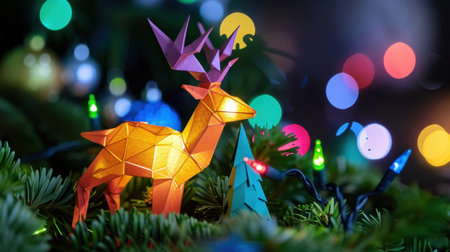 A stunning origami reindeer radiates warmth in a cozy holiday setting, surrounded by twinkling lights and vibrant decorations, perfect for festive imagery.の素材