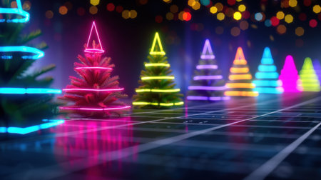 This captivating image showcases vibrant neon Christmas trees that illuminate a festive atmosphere with colorful lights, creating a joyful holiday scene perfect for winter celebrations.の素材