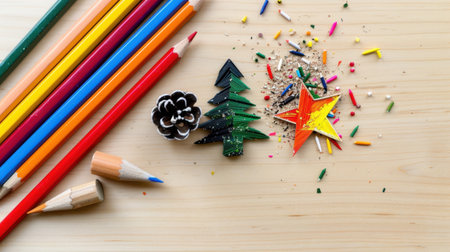 A vibrant scene featuring colorful pencils and artistic shavings alongside festive decorations on a wooden surface, ideal for creative projects.の素材