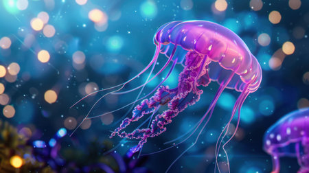 This stunning image features a jellyfish gracefully floating in a vibrant underwater scene. Luminous tentacles and bokeh lights create a magical, tranquil atmosphere.の素材