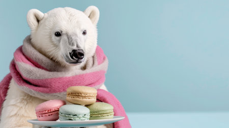 This whimsical image features an adorable polar bear wearing a colorful scarf, joyfully holding a plate of pastel macarons against a soft blue backdrop.の素材