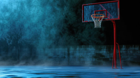 This atmospheric image captures an empty nighttime basketball court shrouded in mist, with reflections on the water creating a surreal and moody setting.の素材