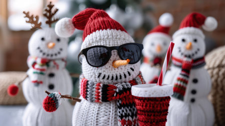 This delightful winter scene features a cheerful snowman wearing sunglasses and a colorful scarf, enjoying a festive drink while surrounded by other whimsical snowman characters, perfect for capturing the joy of the holiday season.の素材