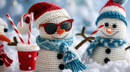 Delight in this festive image of charming crochet snowmen donning vibrant accessories, including sunglasses and candy canes, set in a whimsical snowy landscape.の素材