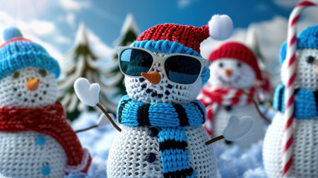 This vibrant image showcases a cheerful snowman wearing sunglasses and colorful winter accessories, set in a picturesque snowy landscape with trees.の素材