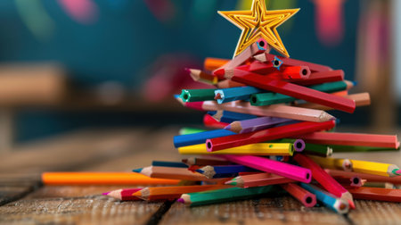 A creative arrangement of colorful pencils stacked in the shape of a Christmas tree, topped with a star. This festive image captures the essence of joy and creativity during the holiday season.の素材