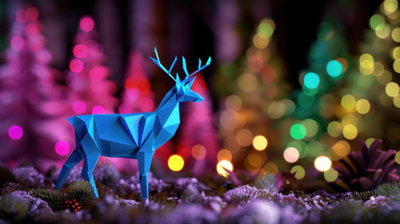 A striking geometric deer stands amidst a magical forest scene, enhanced by vibrant Christmas lights and soft bokeh creating a festive atmosphere.の素材