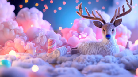 This enchanting scene features a whimsical reindeer nestled among vibrant, fluffy clouds and sweet treats, creating a magical winter atmosphere.の素材