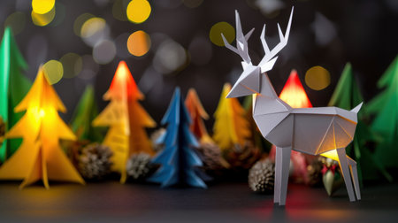 A serene winter scene featuring a beautiful origami deer surrounded by colorful paper trees, enhanced by soft bokeh lights creating a festive atmosphere.の素材