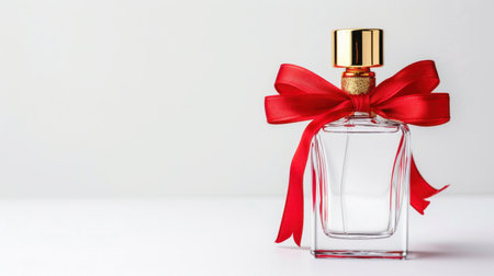 This elegant perfume bottle features a striking red ribbon tied around its neck, set against a clean white background. Perfect for gifts and special occasions.の素材
