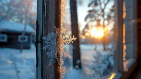 A captivating view of a frosted window adorned with a delicate snowflake, showcasing a beautiful sunrise illuminating a winter landscape.の素材