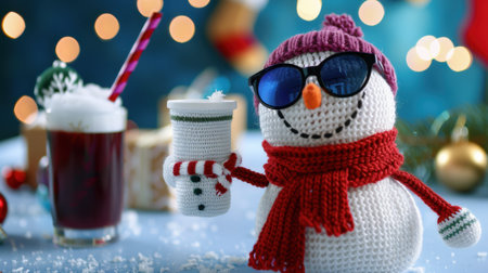 A joyful snowman character dons sunglasses and a cozy hat while holding a coffee cup, creating a playful festive ambiance perfect for winter celebrations.の素材