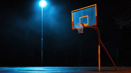 A striking image capturing a basketball hoop illuminated under a vibrant streetlight at night. The scene evokes solitude and anticipation in a quiet urban setting.の素材