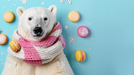 A charming polar bear poses adorably in a cozy, pink-striped scarf amidst an array of colorful macarons against a soft blue backdrop.の素材