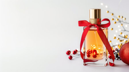 A beautifully arranged fragrance bottle tied with a red ribbon sits alongside festive decorations, capturing the essence of holiday cheer and elegance.の素材