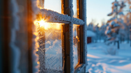A serene winter sunrise viewed through a frosted window, illuminating a snowy landscape with warm sunlight filtering through icy patterns.の素材