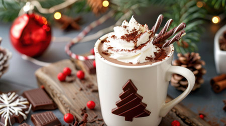 A cozy cup of festive hot chocolate topped with whipped cream and decorated with chocolate sticks, surrounded by holiday decorations. Perfect for winter.の素材