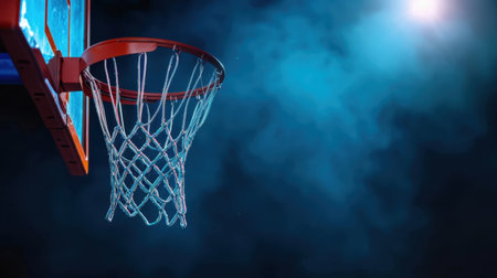 A captivating close-up of a basketball hoop against a blue smoky background, illuminated by a spotlight, showcasing the essence of sports and competition.の素材