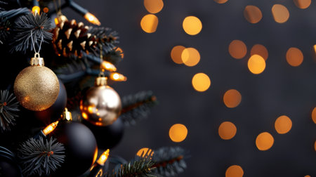 This stunning close-up captures a beautifully decorated Christmas tree adorned with elegant gold and black ornaments, creating a warm and festive atmosphere.の素材