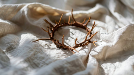 A delicate crown of thorns sits gracefully on soft fabric, capturing the essence of sacrifice and spirituality with its natural beauty and intricate details.の素材