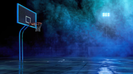 A vibrant neon basketball court illuminated by spotlights and surrounded by dramatic fog, creating a mysterious and energetic night scene perfect for sports-themed projects.の素材