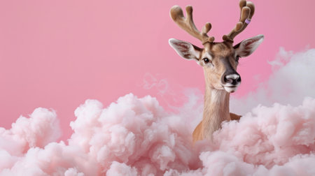 A stunning image of a deer head emerging from soft pink clouds creates a dreamlike atmosphere. This artwork captures the essence of tranquility and beauty in nature.の素材
