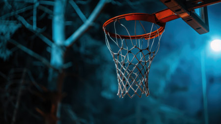 Captivating image of a basketball hoop illuminated under a streetlight at night, surrounded by trees, highlighting the thrill of outdoor sports.の素材