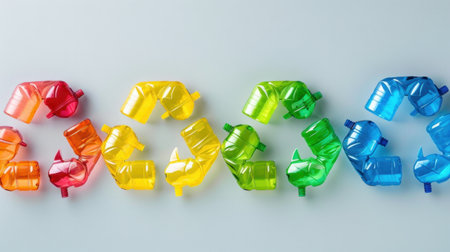 This image showcases an artistic arrangement of colorful recycled plastic bottles on a gray background, emphasizing sustainability and environmental consciousness.の素材