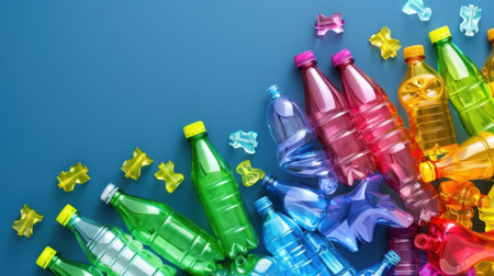 A vibrant arrangement of colorful plastic bottles alongside cheerful gummy bears creates a fun and playful setting on a bright blue background. Perfect for design projects.の素材