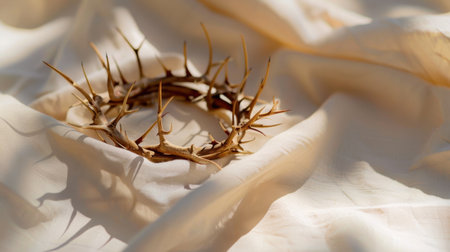 A detailed view of a circular crown of thorns resting delicately on soft ivory fabric, evoking themes of sacrifice and spirituality in serene natural light.の素材