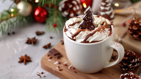 A beautifully styled cup of hot chocolate topped with whipped cream and a chocolate Christmas tree, set against a festive background of pine cones and holiday decor.の素材