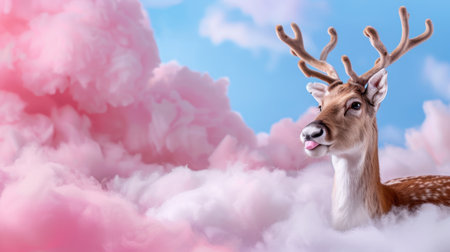 A majestic deer playfully interacts with fluffy pink clouds against a bright blue sky. This whimsical scene captures fantasy and tranquility, inviting viewers into a dreamlike world.の素材