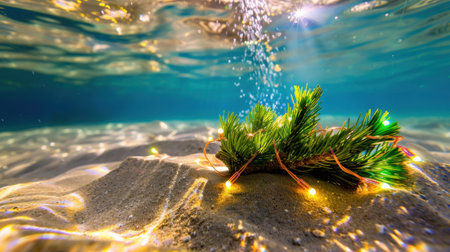 This captivating underwater scene features a festive pine branch adorned with colorful lights, resting on a sandy floor, surrounded by bubbles and clear water.の素材