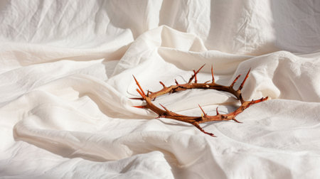 A striking depiction of a crown of thorns resting on soft white fabric, symbolizing themes of suffering, sacrifice, and spirituality in a serene setting.の素材