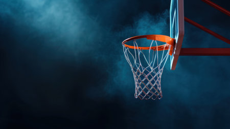 A vivid basketball hoop with an orange rim stands out against a foggy blue background, creating a captivating atmosphere perfect for sports themes.の素材