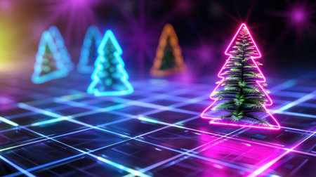 A collection of vibrant neon Christmas trees stands out against a futuristic digital grid background, creating a festive and cheerful atmosphere perfect for holiday celebrations.の素材