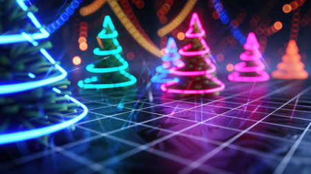 A vibrant composition featuring glowing neon Christmas trees with bright colors set against a digital backdrop, perfect for holiday-themed projects and festive visuals.の素材