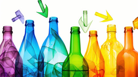 A vibrant arrangement of recycled plastic bottles showcases colors and shapes that emphasize the importance of recycling and environmental awareness.の素材