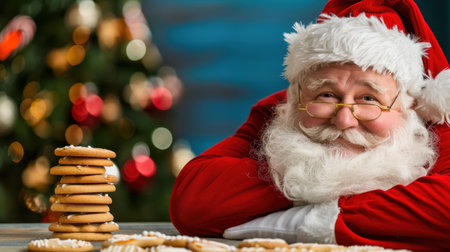 A joyful Santa Claus smiles warmly while resting beside a delightful stack of cookies, with a beautifully decorated Christmas tree in the background.の素材