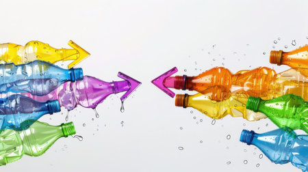 This vibrant image features colorful plastic bottles flowing in opposite directions, capturing dynamic movement and freshness with splashes of water.の素材