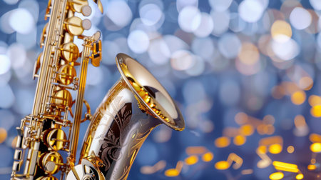 Captivating close-up of a gold saxophone set against a dreamy bokeh background, evoking the essence of music, artistry, and celebration.の素材