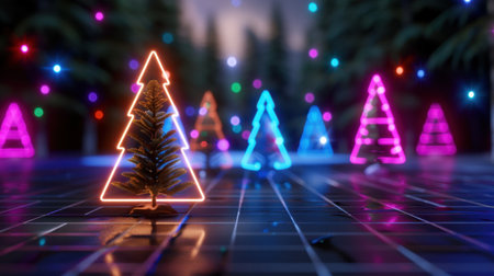 A stunning visualization of vibrant neon Christmas trees illuminating a festive holiday scene, surrounded by colorful lights and reflections, creating a joyful atmosphere.の素材