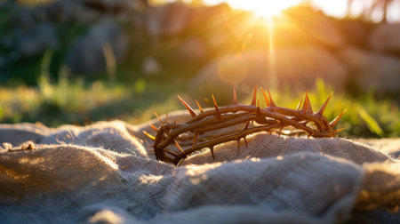 A close-up image of a crown of thorns lying gently on burlap cloth, illuminated by soft sunlight in a serene outdoor setting, evoking themes of spirituality.の素材