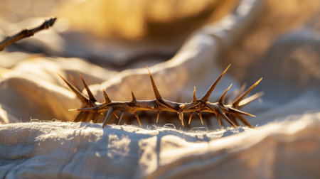 A captivating close-up of a thorny crown resting on soft fabric, beautifully illuminated by gentle light, showcasing the intricate texture and natural elegance.の素材