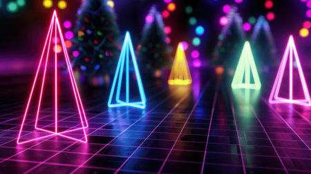 This vibrant image features neon Christmas trees illuminated in various colors against a shiny reflective surface, creating a modern festive atmosphere perfect for holiday celebrations.の素材
