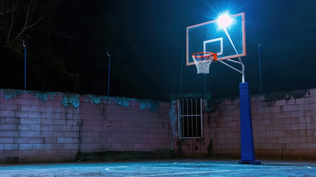 A serene nighttime scene showcasing an illuminated basketball hoop on an empty court, surrounded by dark urban surroundings, ideal for sports enthusiasts.の素材